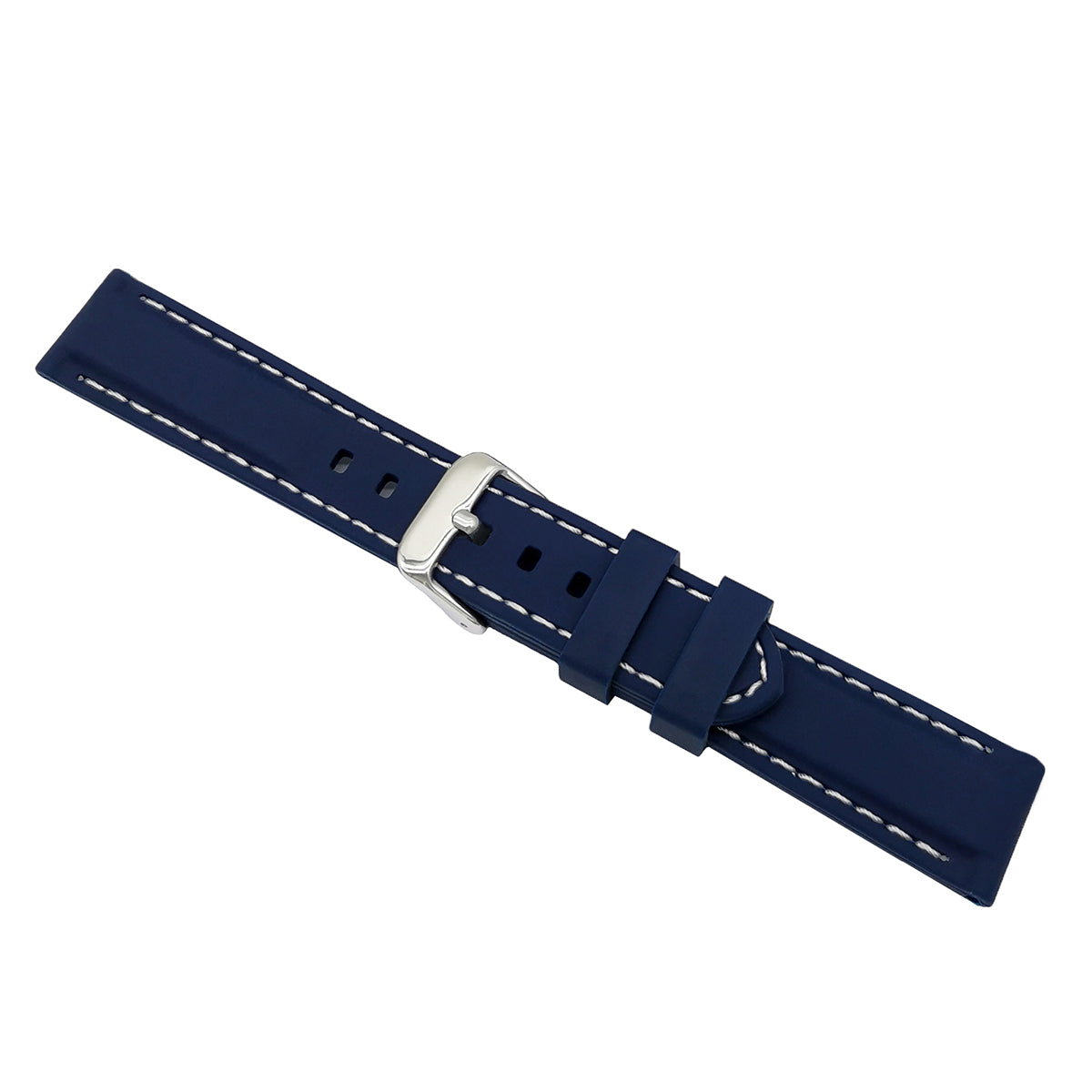 Masar Premium Silicone Blu / con Cuciture Bianche / Fibbia Argento - Cinturino Orologio Uomo - Spessore 5,8mm