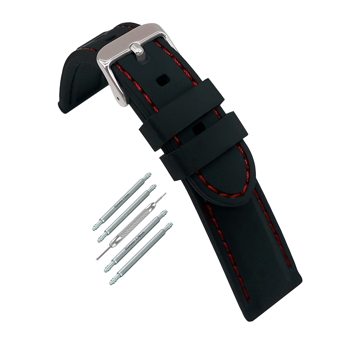 Masar Premium Silicone Nero / con Cuciture Rosse / Fibbia Argento - Cinturino Orologio Uomo - Spessore 5,8mm