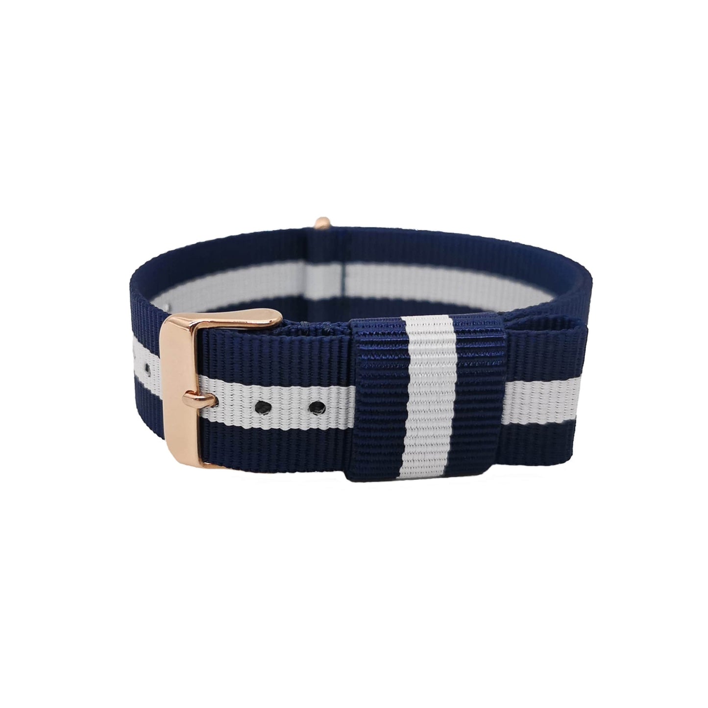 Masar NATO Nylon Blu Scuro / Bianco / Fibbia Oro Rosa - Glasgow - Cinturino Orologio