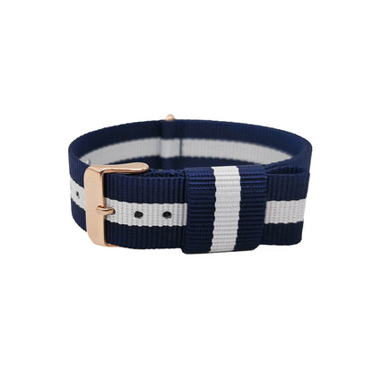 Masar NATO Nylon Blu Scuro / Bianco / Fibbia Oro Rosa - Glasgow - Cinturino Orologio