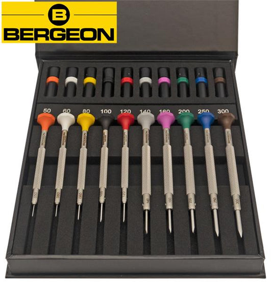 Kit Deluxe Bergeon 30081-AC10 - 10 cacciaviti da orologiaio in acciaio inossidabile consegnati in una scatola