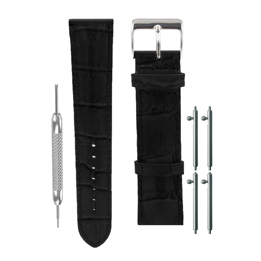 Cinturini per orologi in pelle di vitello italiana da 18 mm a 24 mm con sgancio rapido, grana di coccodrillo - lucido - nero