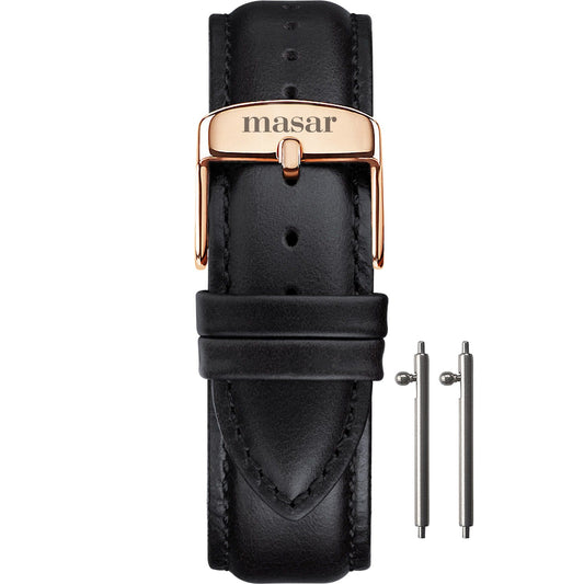 Masar 18mm a 22mm Premium Quick Release - Pelle di vacchetta nera - Fibbia oro rosa