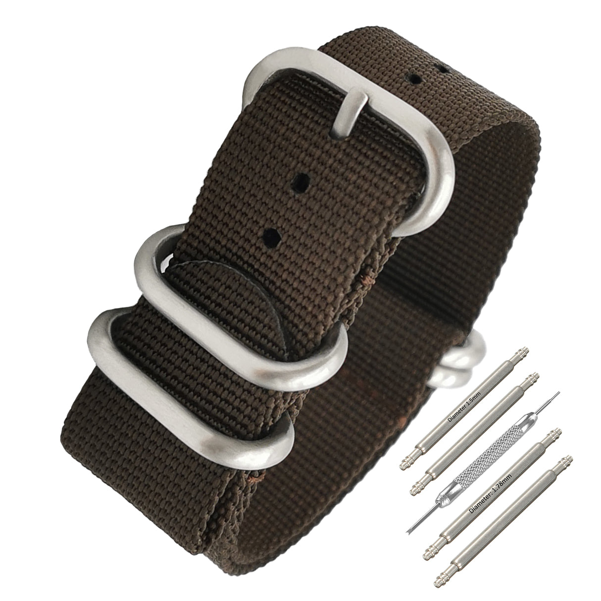 Cinturino Nato Masar ZULU 22mm Nylon - Marrone / Fibbia Satinata - Uomo - Cinturino Rigido e Spesso 2mm