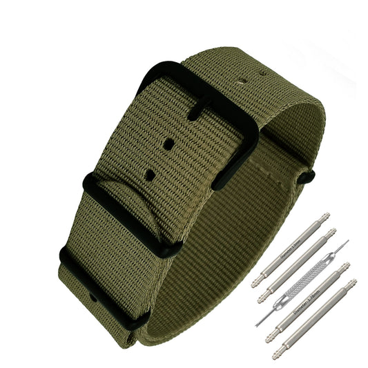 Cinturino NATO Masar 22 mm - Verde - Fibbia oliva/nera - Morbido - Orologi leggeri per uomo e donna - Spessore 1 mm