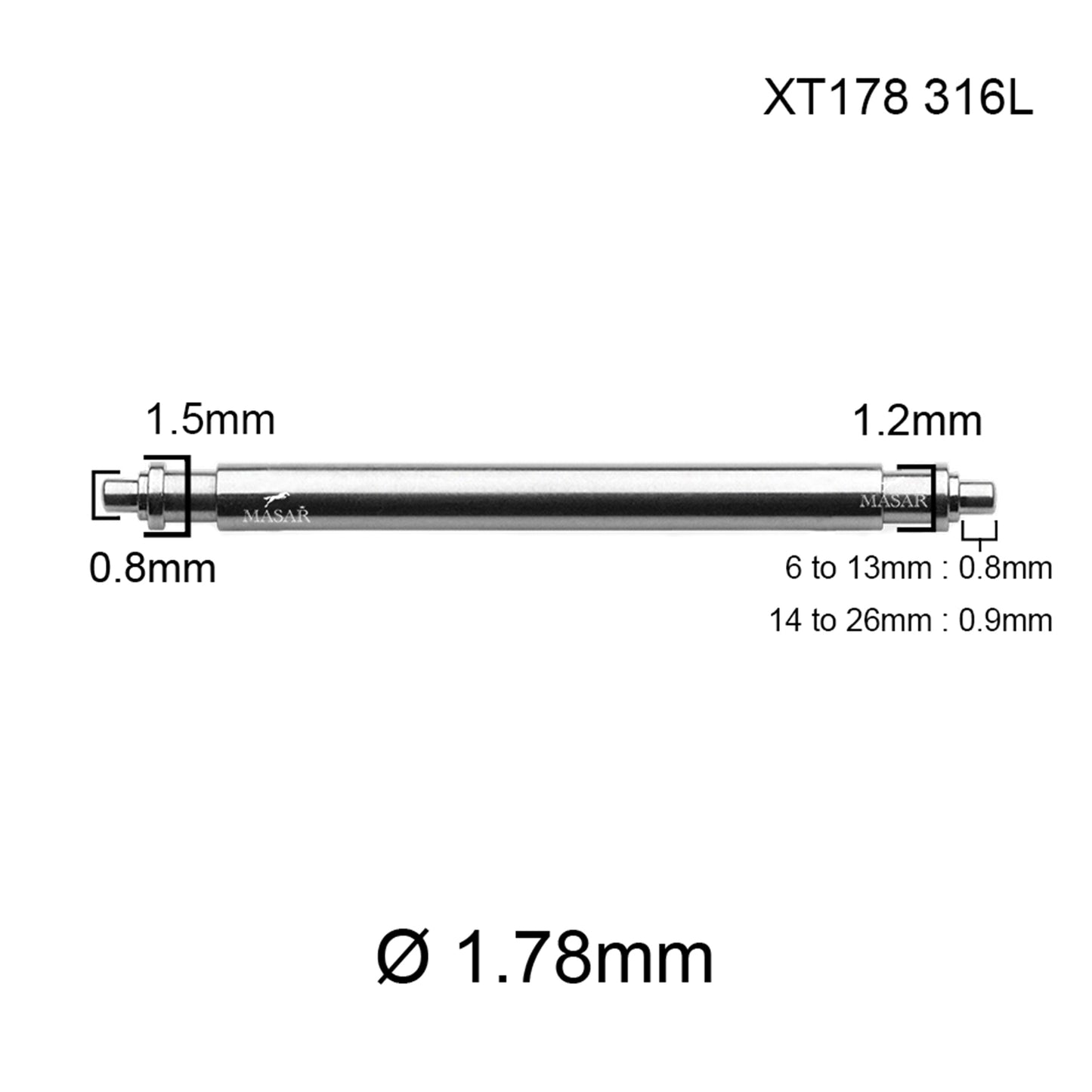 Masar XT Ø 1,78 mm - Barra a molla per cinturino orologio - Acciaio inossidabile 316L - 0,8 mm - 2 pezzi
