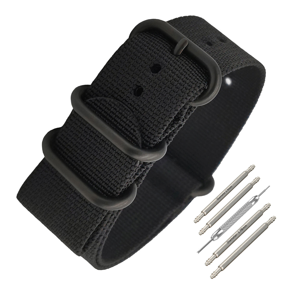Cinturino Nato Masar ZULU 20mm Nylon - Nero / Nero Completo - Uomo - Cinturino rigido e spesso da 2mm