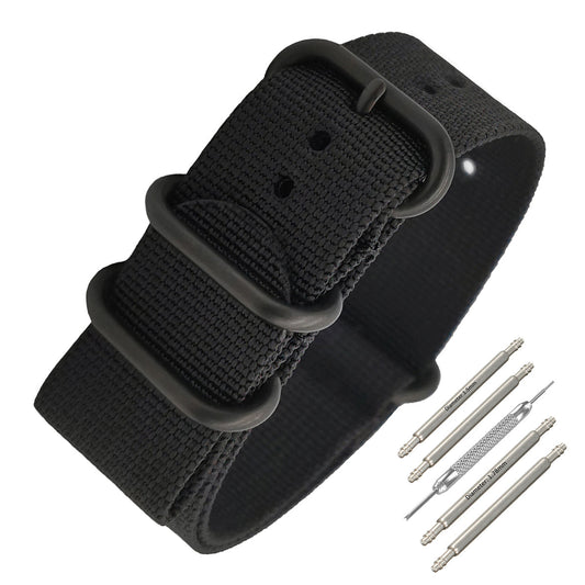 Cinturino Nato Masar ZULU 20mm Nylon - Nero / Nero Completo - Uomo - Cinturino rigido e spesso da 2mm