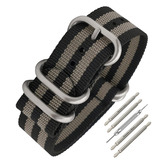 Masar ZULU Nylon Nero / Grigio / Fibbia Satinata / James Bond - Cinturino Orologio - Uomo - Rigido e Spesso 2mm