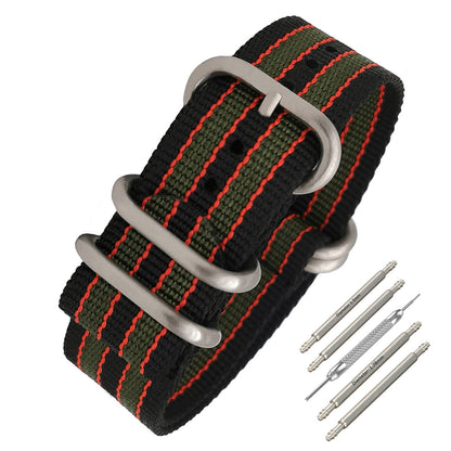 Cinturino Nato Masar ZULU 20mm James Bond Nylon - Fibbia in raso nero/rosso/verde - Uomo - Cinturino rigido e spesso 2mm