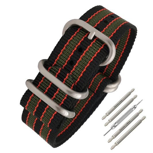 Cinturino Nato Masar ZULU 20mm James Bond Nylon - Fibbia in raso nero/rosso/verde - Uomo - Cinturino rigido e spesso 2mm