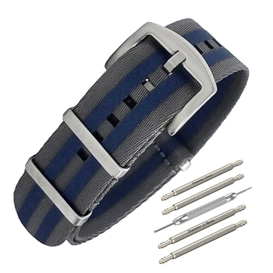 Masar NATO Nylon Grigio / Blu / Fibbia Satinata - Morbido - Cinturino Orologio - Uomo