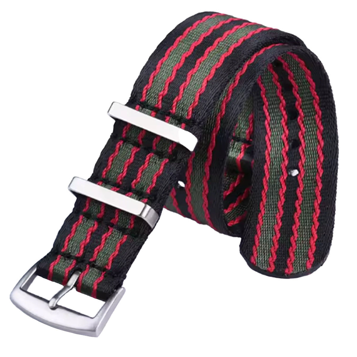 Cinturino Nato Masar 22mm James Bond Nero Rosso Verde - Nylon Intrecciato Morbido
