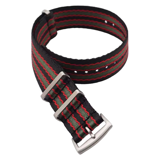 Cinturino Nato Masar 20mm James Bond Nero Rosso Verde - Nylon Intrecciato Morbido