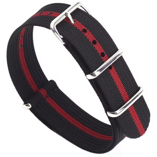 Cinturino NATO Masar nero rosso - Tessuto in nylon G10 - Fibbia lucida