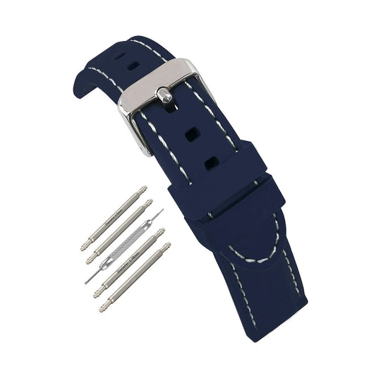 Masar Premium Silicone Blu / con Cuciture Bianche / Fibbia Argento - Cinturino Orologio Uomo - Spessore 5,8mm