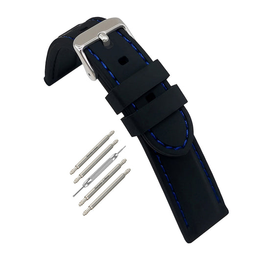 Masar Premium Silicone Nero / con Cuciture Blu / Fibbia Argento - Cinturino Orologio Uomo - Spessore 5,8mm