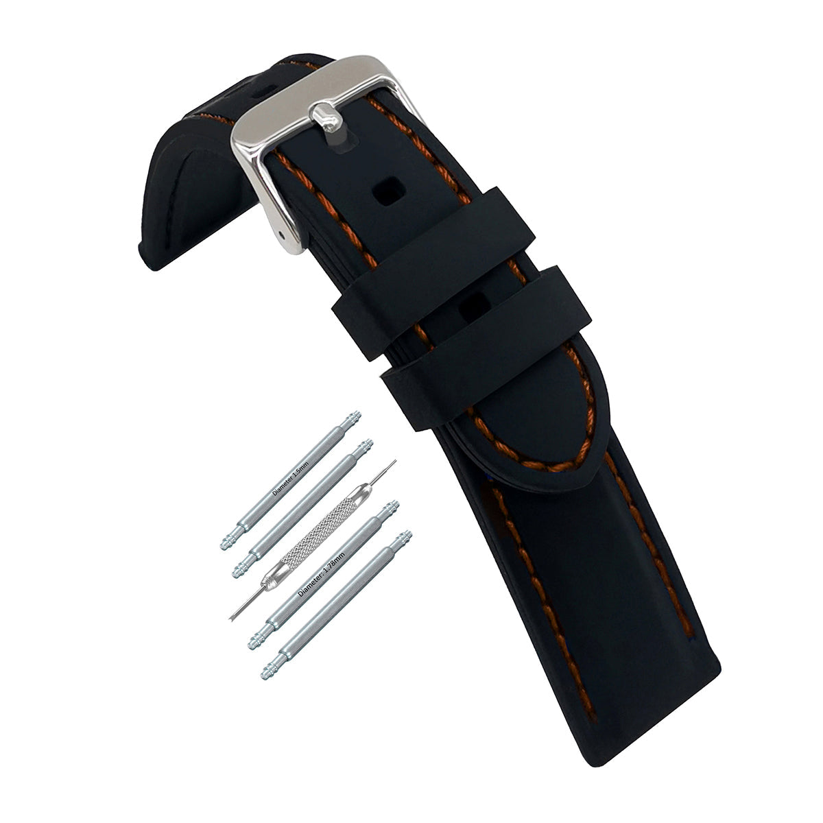 Masar Premium Silicone Nero / con Cuciture Arancioni / Fibbia Argento - Cinturino Orologio Uomo - Spessore 5,8mm