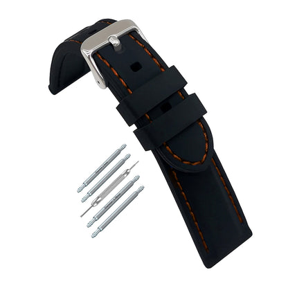 Masar Premium Silicone Nero / con Cuciture Arancioni / Fibbia Argento - Cinturino Orologio Uomo - Spessore 5,8mm