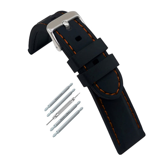 Masar Premium Silicone Nero / con Cuciture Arancioni / Fibbia Argento - Cinturino Orologio Uomo - Spessore 5,8mm