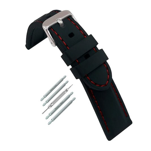 Masar Premium Silicone Nero / con Cuciture Rosse / Fibbia Argento - Cinturino Orologio Uomo - Spessore 5,8mm