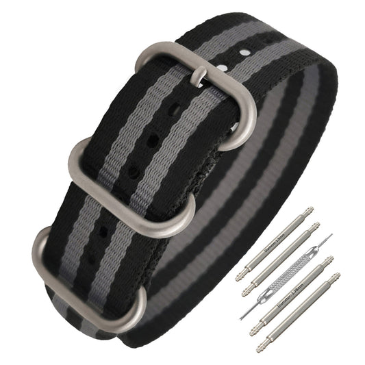 Masar ZULU Nylon Grigio / Nero / Fibbia Satinata - Speciale - Cinturino per Orologio Sottile