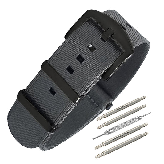 Masar NATO Nylon Grigio / Fibbia Nera - Morbido - Cinturino Orologio - Uomo