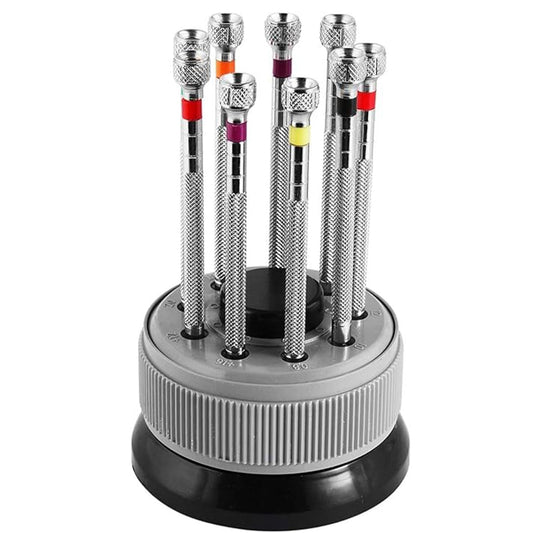 Kit - 9 cacciaviti piatti - con supporto girevole per Orologiaio - Lame di ricambio incluse 