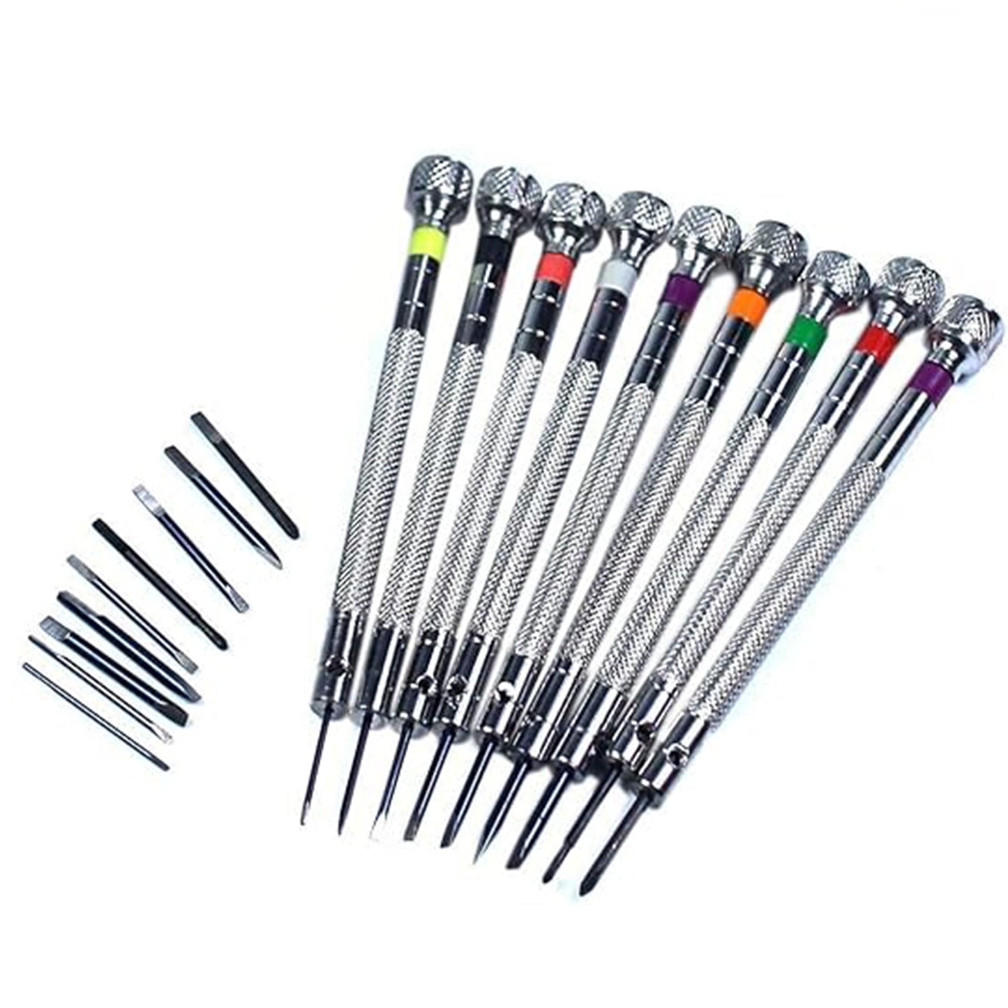 Kit - 9 cacciaviti piatti - con supporto girevole per Orologiaio - Lame di ricambio incluse 