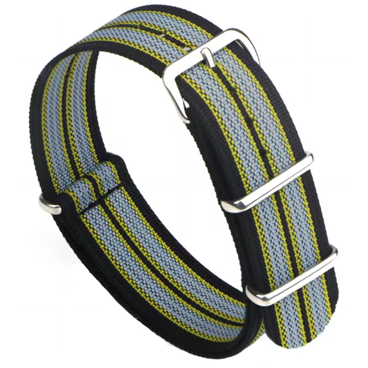 Cinturino NATO Masar James Bond - Nero Giallo Grigio - Tessuto in nylon G10 - Fibbia lucida