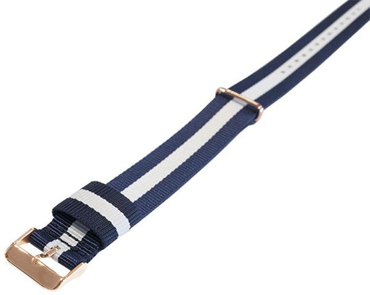 Masar NATO Nylon Blu Scuro / Bianco / Fibbia Oro Rosa - Glasgow - Cinturino Orologio
