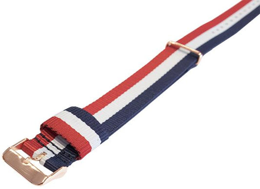 Masar NATO Nylon Blu / Bianco / Rosso / Cambridge / Fibbia Oro Rosa - Cinturino Orologio