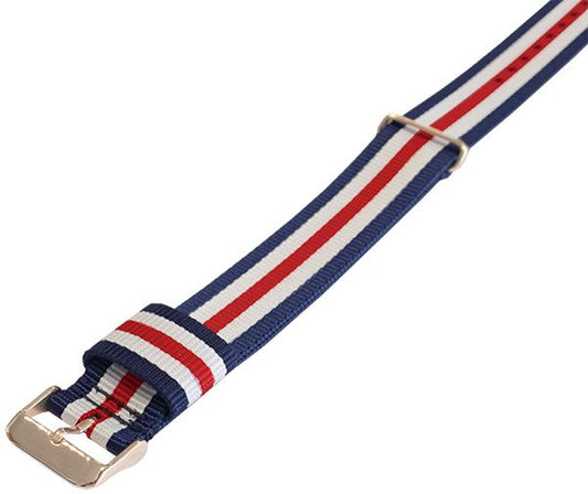 Masar NATO Nylon Blu / Bianco / Rosso / Canterbury / Fibbia Oro Rosa - Cinturino Orologio