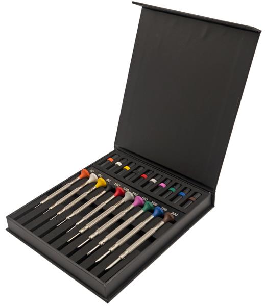 Kit Deluxe Bergeon 30081-AC10 - 10 cacciaviti da orologiaio in acciaio inossidabile consegnati in una scatola