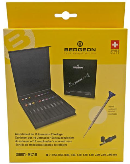 Kit Deluxe Bergeon 30081-AC10 - 10 cacciaviti da orologiaio in acciaio inossidabile consegnati in una scatola