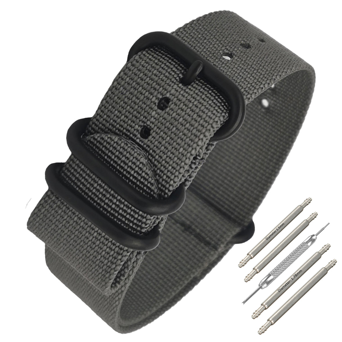 Cinturino Nato in nylon Masar ZULU da 22 mm - Fibbia grigia/nera - Uomo - Cinturino rigido spesso 2 mm